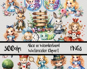 Watercolor Alice in Wonderland Clipart, Alice in Wonderland PNG, March Hare PNG, White Rabbit, Queen of Hearts Instant Download