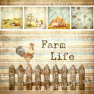 May include: A vintage-style illustration of farm life with a rooster standing on a wooden fence. The image includes four smaller images of farm animals, a horse, a sheep, and a barn. The text "Farm Life" is written in a vintage font.