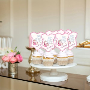 Instant Download Printable Baby Girl Stork Cupcake Toppers Baby Shower Decorations
