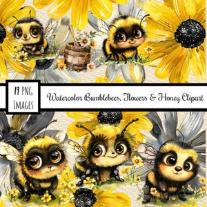 Puede incluir: Conjunto de clipart de acuarela de 19 imágenes con lindas abejas, flores y miel. Las abejas son amarillas y negras con ojos grandes y cuerpos peludos. Las flores son amarillas y blancas con centros negros. La miel está en un barril de madera.