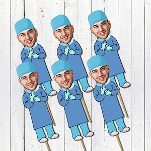 Digital Personalized Surgeon Doctor Cupcake Toppers Graduation, Face Picks, Graduation Party