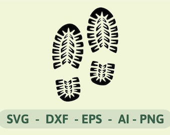 May include: Black boot print graphic with the text "SVG - DXF - EPS - AI - PNG" in a green rectangle. The boot prints are in a walking pattern, with two large prints and two smaller prints.