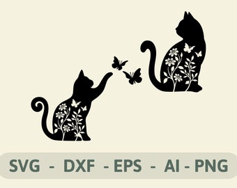 花柄猫のSVG、花のシルエット、Cricut＆Cameoファイル（即時ダウンロード）