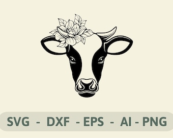 花付きベクター牛 | 花柄牛 svg | かわいい牛 svg | 花柄動物 svg | Cricut 用牛 svg ファイル | DXF、PNG、eps 牛 | 即時ダウンロード