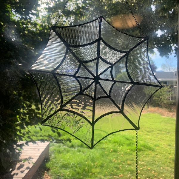 10 inch Stained Glass Spiderweb with hanging spider, Spiderweb stained glass , Halloween decor, Corner suncatcher , Sun Catcher, home decor