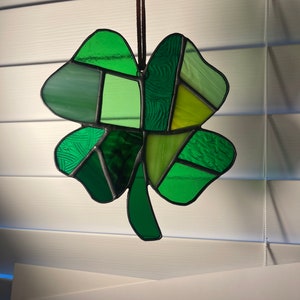 5 1/2 Stained Glass patchwork Shamrock sun catcher,  4 leaf clover, lucky, St. Patrick’s Day, gift idea, glass shamrock