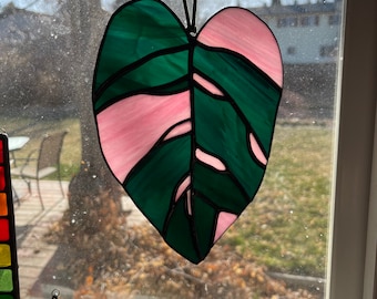 Stained glass Pink Princess leaf,  8 inches by 4 inches, Pink Princess suncatcher, leaf, Leaf stained glass, gift idea