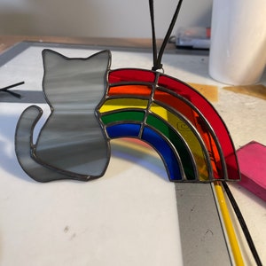 Stained Glass Rainbow with cat, you choose cat color, Rainbow Suncatcher, remembrance gift,   Rainbow with cat, over the rainbow bridge
