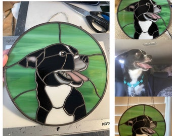 Custom Stained Glass Pet Portrait with background, Dog and Cat Memorial Art