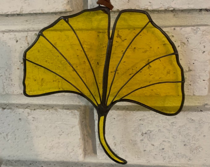 Yellow Stained Glass Ginkgo Leaf 5 Inches by 5 1/2 Inches, Ginkgo Leaf