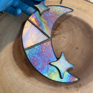 5 1/2 inch Iridescent Stained Glass Moon with Stars, stained glass moon, gift idea