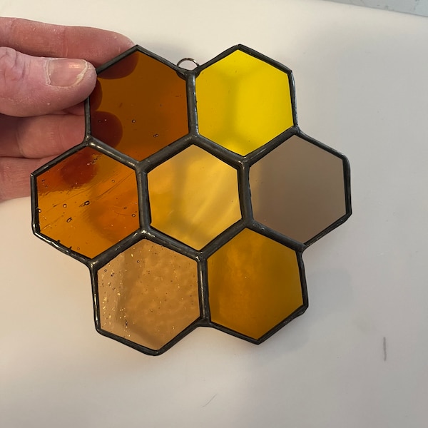 Stained Glass Honeycomb, Amber’s and Golds Honeycomb Stained Glass, Suncatcher, Sun Catcher, Bee, Honeycomb, Gift idea, Mother’s Day gift