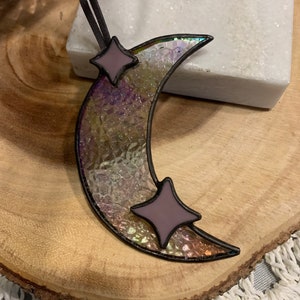 Iridescent Stained Glass Moon with lavender Stars, stained glass moon, gift idea