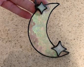 Iridescent Stained Glass Moon with Stars, stained glass moon, gift idea
