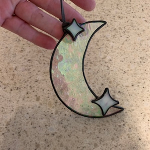 Iridescent Stained Glass Moon with Stars, stained glass moon, gift idea