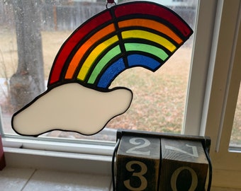Stained Glass Rainbow, Rainbow Stained Glass, Rainbow Suncatcher, Rainbow Sun Catcher, Rainbow with cloud, LGBTQ+ pride