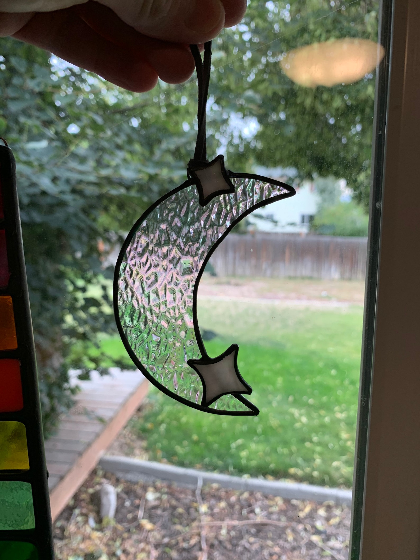 Iridescent Stained Glass Moon With Stars Stained Glass Moon Etsy