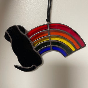 Stained Glass Rainbow with dog, you choose cat color, Rainbow Suncatcher, remembrance gift,   Rainbow with dog, over the rainbow bridge