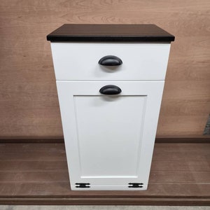 Trash Can Cabinet With Drawer, Recycling Bin, Laundry Or Dog Food Storage, Modern Farmhouse Waste Cabinet, Tall White Shaker Kitchen Cabinet Black Paint