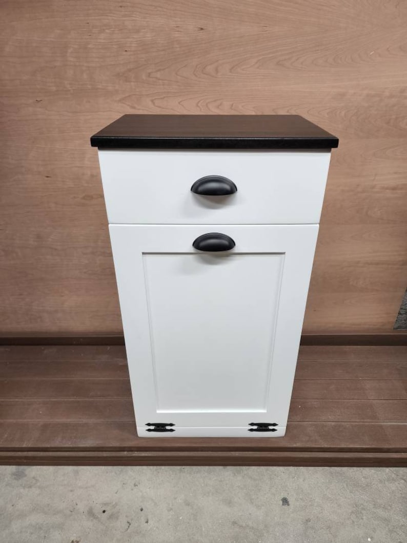 Trash Can Cabinet With Drawer, Recycling Bin, Laundry Or Dog Food Storage, Modern Farmhouse Waste Cabinet, Tall White Shaker Kitchen Cabinet Black Paint