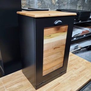 Wooden Garbage Cabinet with Rustic Pallet Wood Panel, Black Cabinet Base