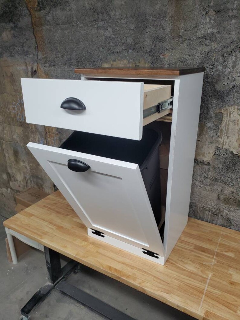 Trash Can Cabinet With Drawer, Recycling Bin, Laundry Or Dog Food Storage, Modern Farmhouse Waste Cabinet, Tall White Shaker Kitchen Cabinet afbeelding 3