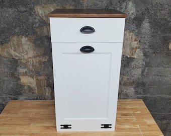 Wooden Trash Cabinet With Drawer, White Paint Base, Wooden Garbage Bin with Drawer, Farmhouse Trash Bin With Drawer