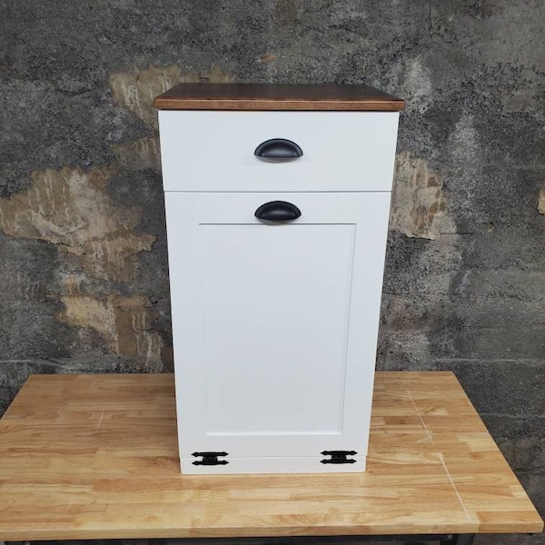 Wooden Trash Cabinet With Drawer, White Paint Base, Wooden Garbage Bin with Drawer, Farmhouse Trash Bin With Drawer