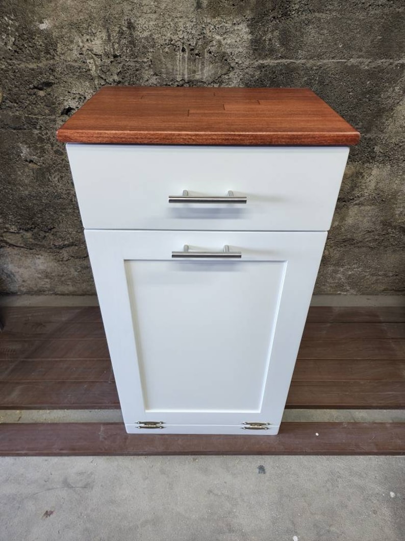 Trash Can Cabinet With Drawer, Recycling Bin, Laundry Or Dog Food Storage, Modern Farmhouse Waste Cabinet, Tall White Shaker Kitchen Cabinet Cognac