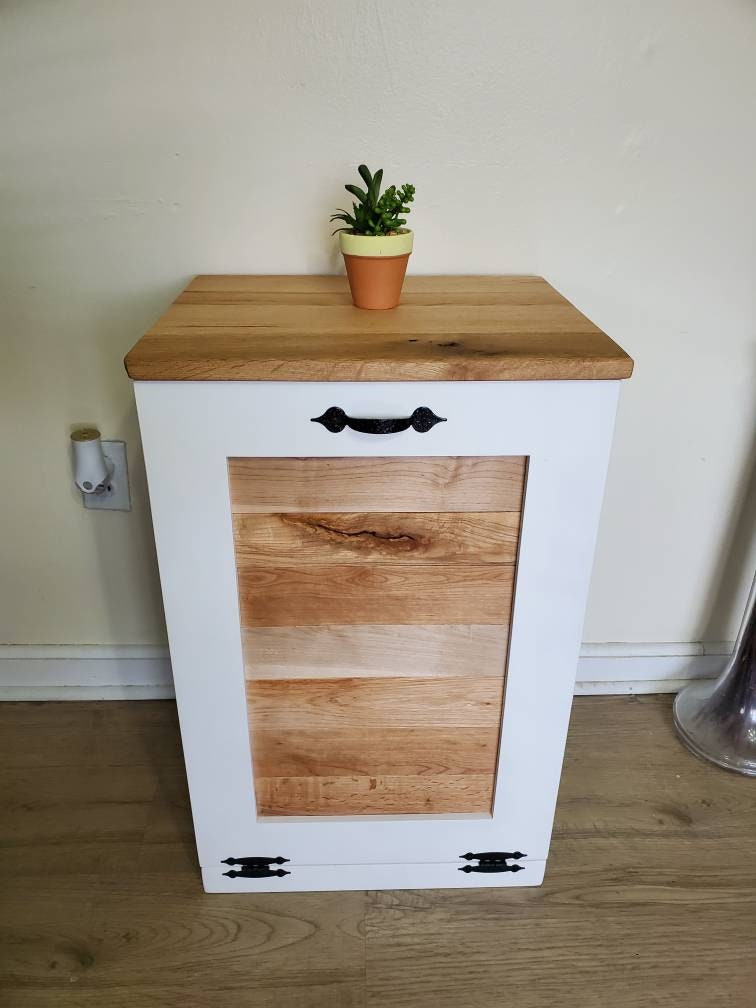 Trash Can Cabinet With Reclaimed Pallet Wood Tilt Open Door, Laundry Or Dog Food Storage, Modern White Farmhouse Waste Cabinet