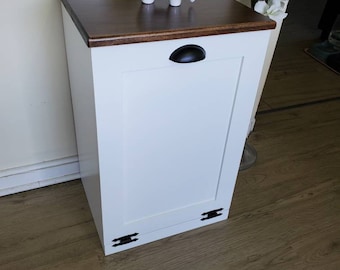 Wooden Shaker Trash Can Cabinet, White Paint Cabinet, Wood Garbage Cabinet, Farmhouse Trash Cabinet, Tilt Open Garbage Cabinet, Handmade