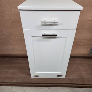 Trash Can Cabinet With Drawer, Recycling Bin, Laundry Or Dog Food Storage, Modern Farmhouse Waste Cabinet, Tall White Shaker Kitchen Cabinet White Paint