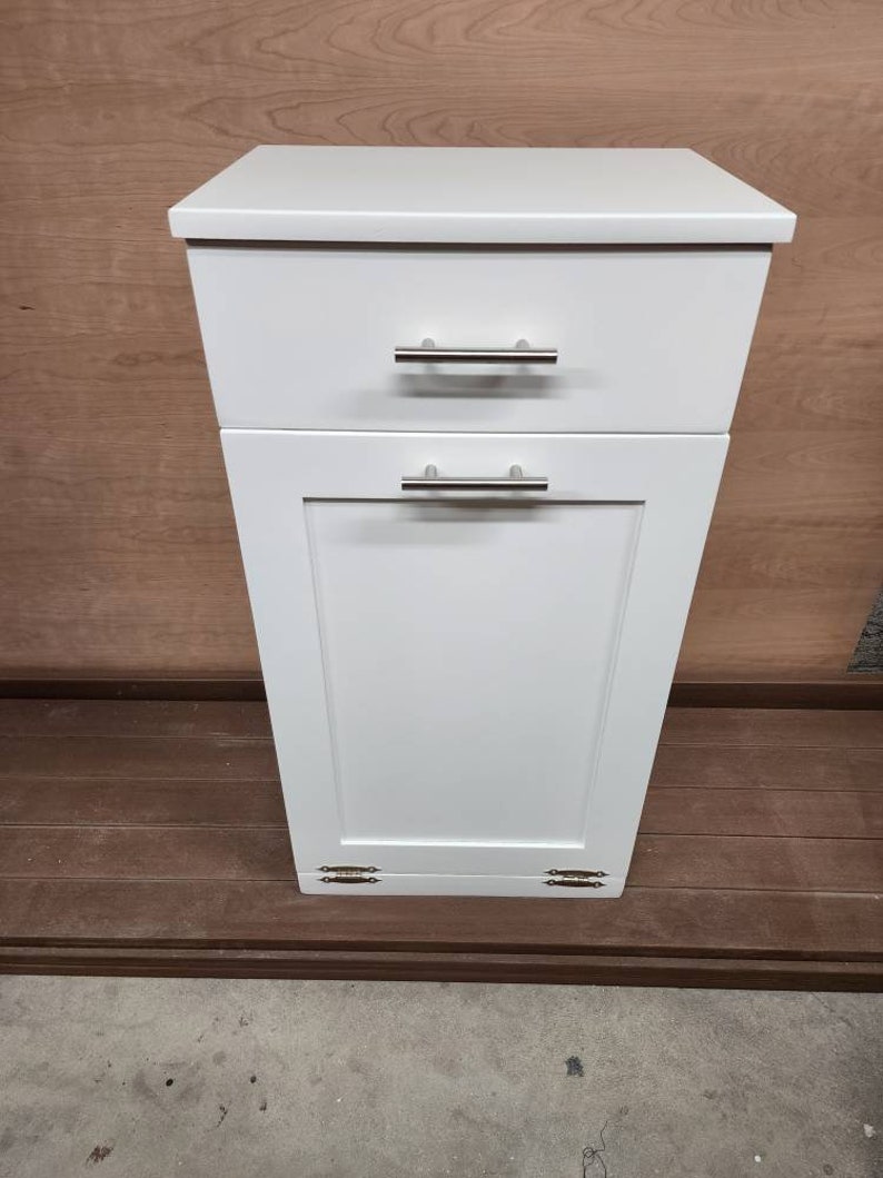 Trash Can Cabinet With Drawer, Recycling Bin, Laundry Or Dog Food Storage, Modern Farmhouse Waste Cabinet, Tall White Shaker Kitchen Cabinet White Paint