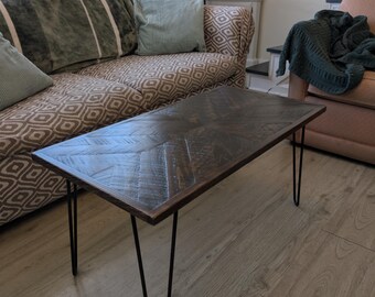 Chevron Rough Sawn Coffee Table with Metal Hair Pin Legs, Herringbone Distressed Farmhouse Furniture