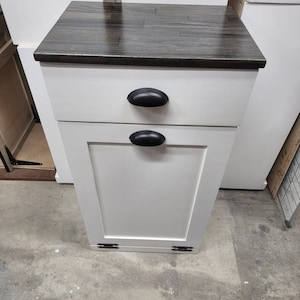 Trash Can Cabinet With Drawer, Recycling Bin, Laundry Or Dog Food Storage, Modern Farmhouse Waste Cabinet, Tall White Shaker Kitchen Cabinet Black Stain