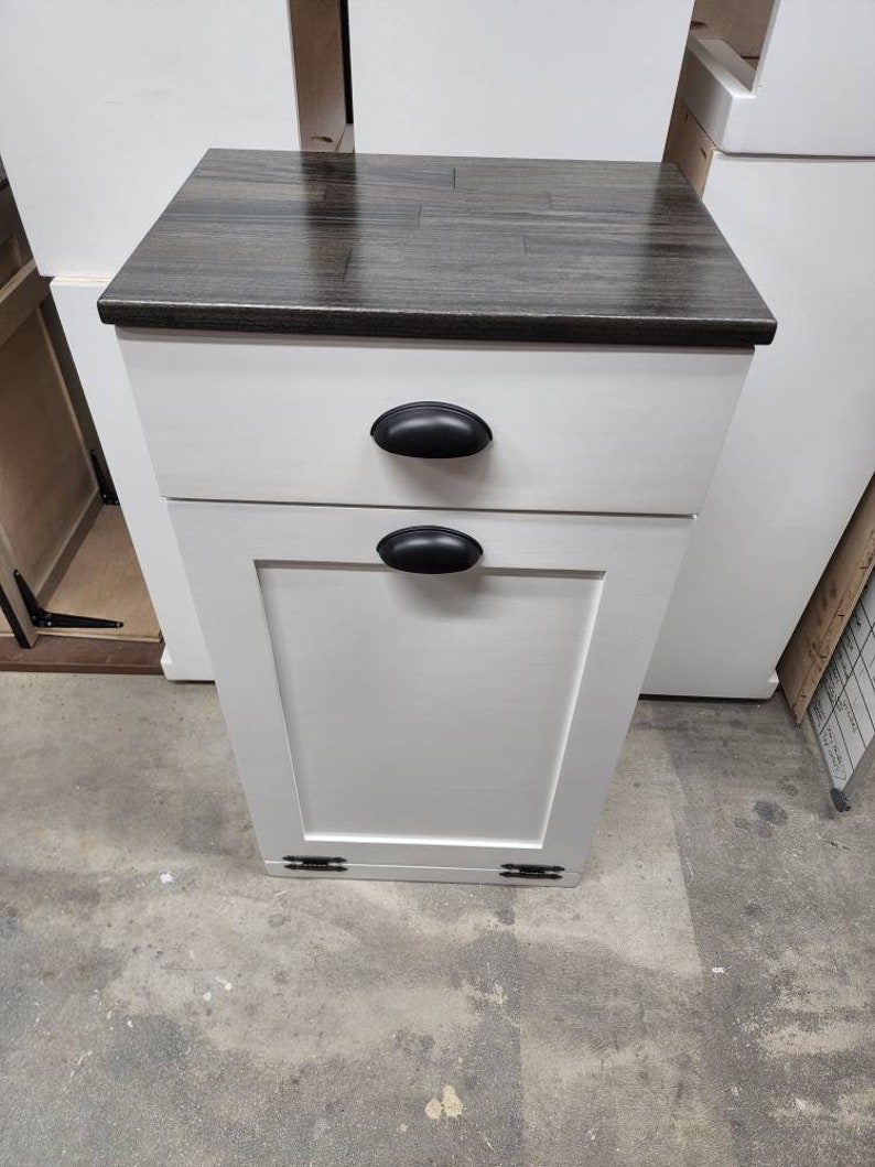 Trash Can Cabinet With Drawer, Recycling Bin, Laundry Or Dog Food Storage, Modern Farmhouse Waste Cabinet, Tall White Shaker Kitchen Cabinet Black Stain