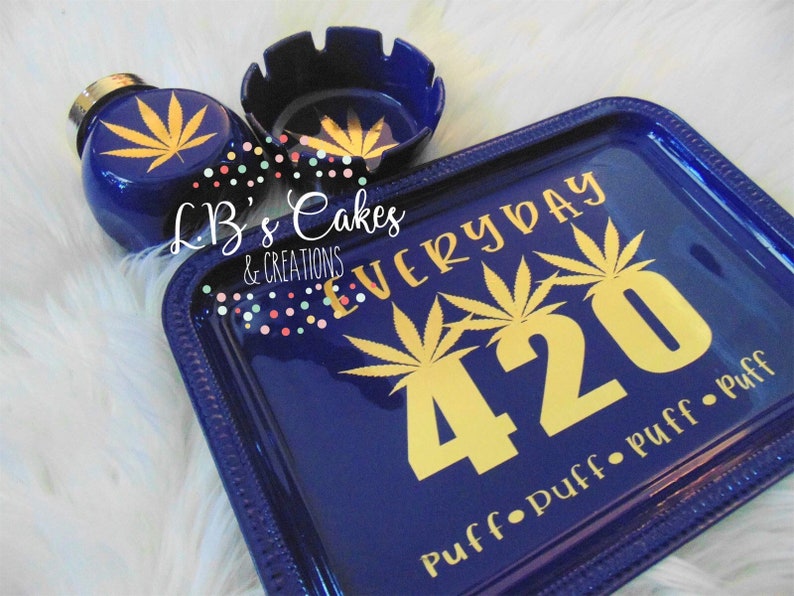 420 Everyday Rolling Tray Set Gifts For Him Gold On Blue Etsy