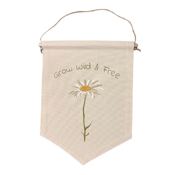 Grow Wild & Free Nursery Banner | Hand Painted Daisy Wall Hanging | Whimsical Neutral Kids Room Decor | Cotton Canvas | Boho Nursery