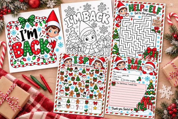 Elf Christmas Activity Bundle for Kids | Elf Coloring Pages, I Spy Maze, Dear Santa Letter & Christmas Printable Activities