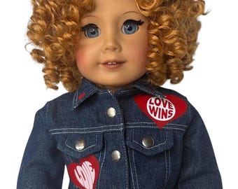 Giacca in denim per bambole da 18" con scritta Love Wins Love e bracciale artigianale, adatta a bambole American Girl da 18", Our Generation, RRFF, BJD