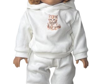 Tuta bianca per bambola da 18" con grafica personalizzata di un simpatico gattino e 2 braccialetti di perline fatti a mano, adatta alle bambole American Girl e di dimensioni simili