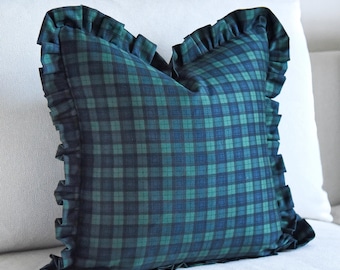 Grüner Tartan Rüschen Kissenbezug, Baumwoll Kariertes Rüschen Kissen