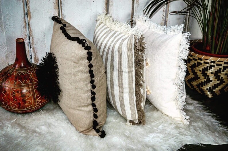 rustic boho linen cushion covers,decorative pillows,home decor,pom pom cushions, 