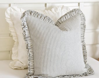 Ticking Stripe Ruffle Cushion Cover Square Linen Pillow Stripe Decorative Frill Pillow Charcoal Ivory Custom Size Decorative Scatter Cushion