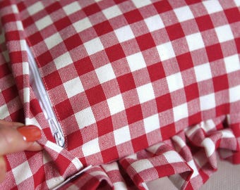 ギンガムチェックのフリルクッションカバー、フリル枕、カスタムサイズ