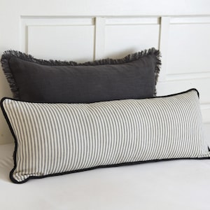 Ticking Stripe Lumbar Cushion Cover Extra Long Bolster Pillow Piping Edge Striped Large Throw Pillow Charcoal Ivory Custom Sizes Decorative