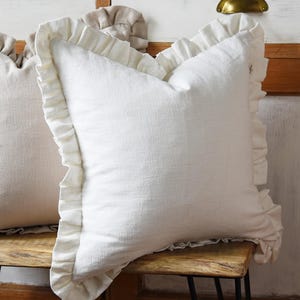 White Linen Ruffle Cushion Cover Custom Size Square Linen Cushion Ivory Lumbar Linen Pillow Bedroom Frill Cushion Nursery Ruffle Pillow