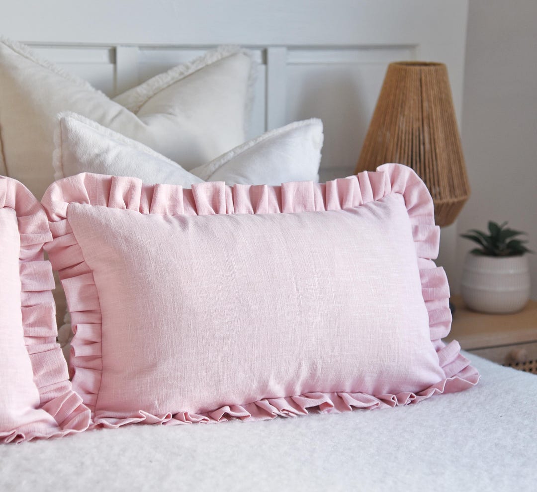 Pink Linen Ruffle Cushion Cover Lumbar Bedroom Linen Ruffle Pillow