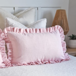 Pink Linen Ruffle Cushion Cover Lumbar Bedroom Linen Ruffle Pillow Bolster Pink Throw Pillow Nursery Frill Scatter Cushion Custom Size