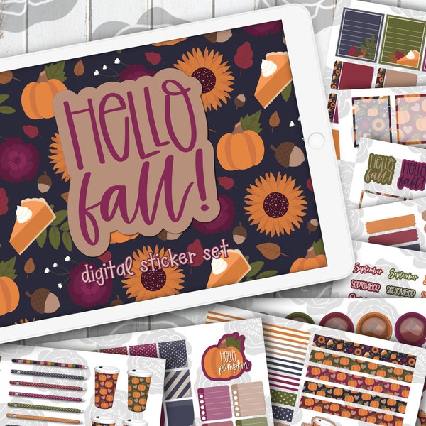 Hello Fall Digital Sticker Set, GoodNotes, ZoomNotes, PNGs, Planner Stickers